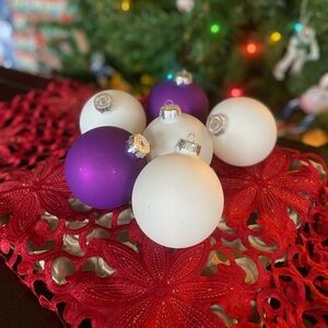 Vintage 80s / 90s Glass Ornaments Set of 6 Matte Purple & White 3.5” Diameter